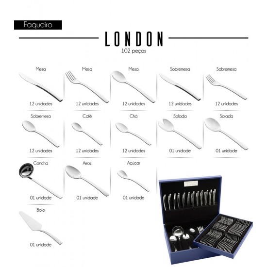 Faqueiro 101 Peças London Forjado Liso Em Aço Inox Wolff Com Estojo De Madeira